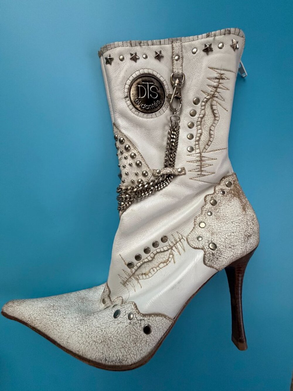 El Dantes White Leather Studded Chain Stiletto Boots EU 40 Made in Spain Y2K - Picture 2 of 8